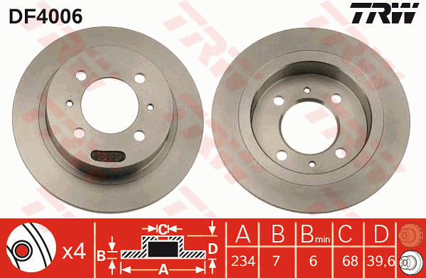 TRW Brake Rotor 234mm Rear DF4006S