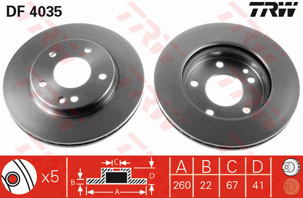 TRW Brake Rotor Pair 260mm Front DF4035S