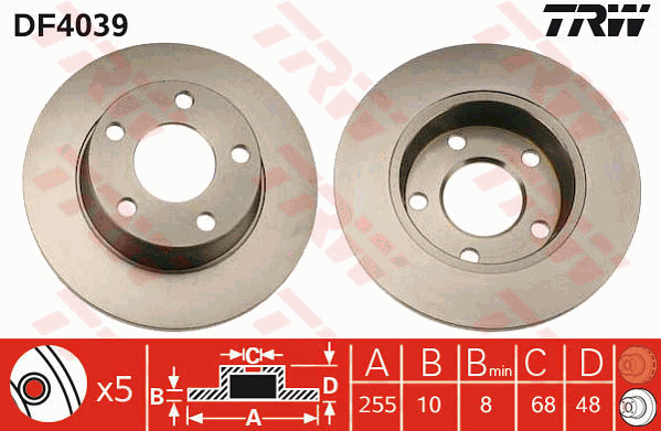TRW Brake Rotor Pair 255mm Rear DF4039S