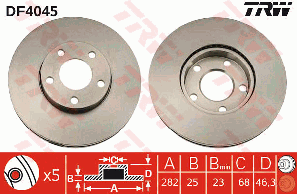 TRW Brake Rotor Pair 282mm Front DF4045S