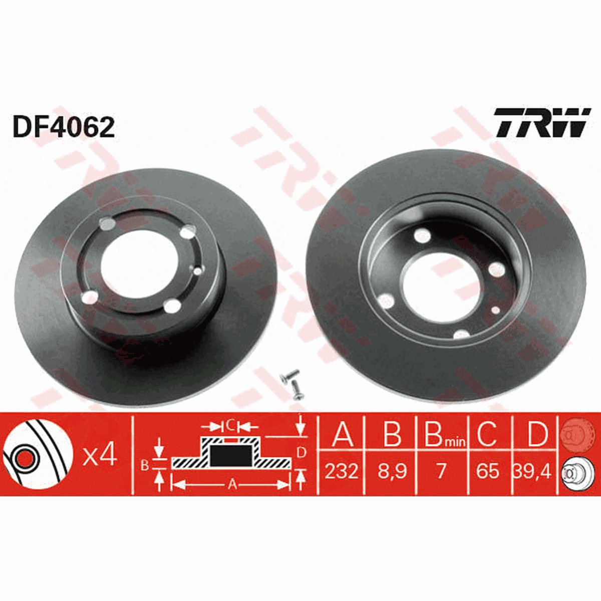 TRW Brake Rotor Pair 232mm Rear DF4062S