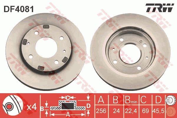 TRW Brake Rotor Single 256mm Front DF4081S