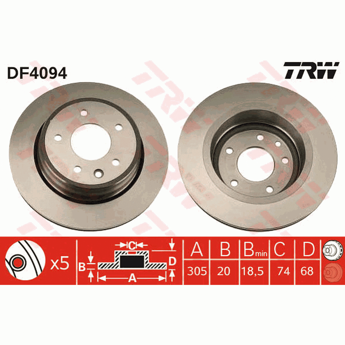 TRW Brake Rotor Pair 305mm Rear DF4094S
