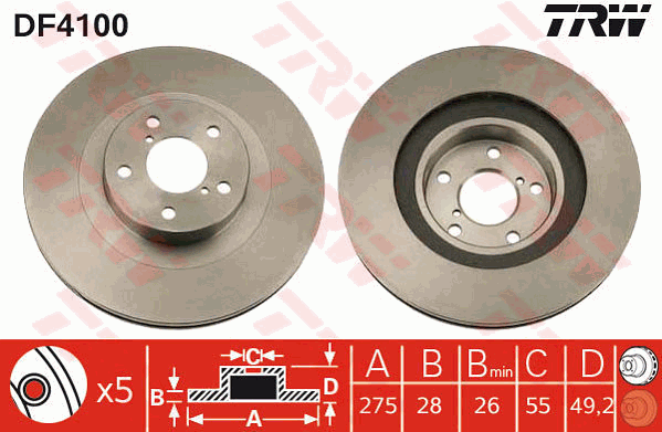 TRW Brake Rotor Pair 275mm Front DF4100S