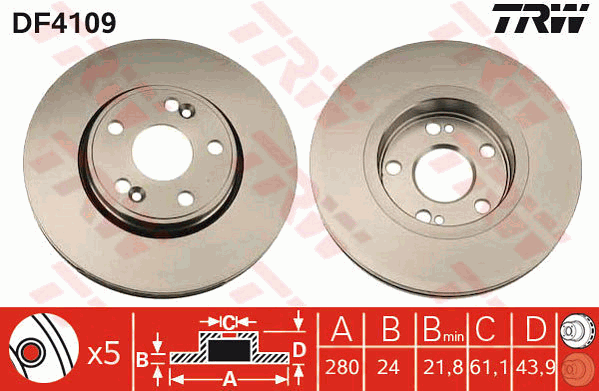 TRW Brake Rotor Pair 280mm Front DF4109S