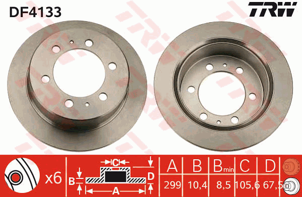 TRW Brake Rotor Pair 299mm Rear DF4133S