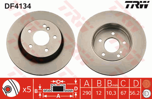 TRW Brake Rotor Pair 290mm Rear DF4134S