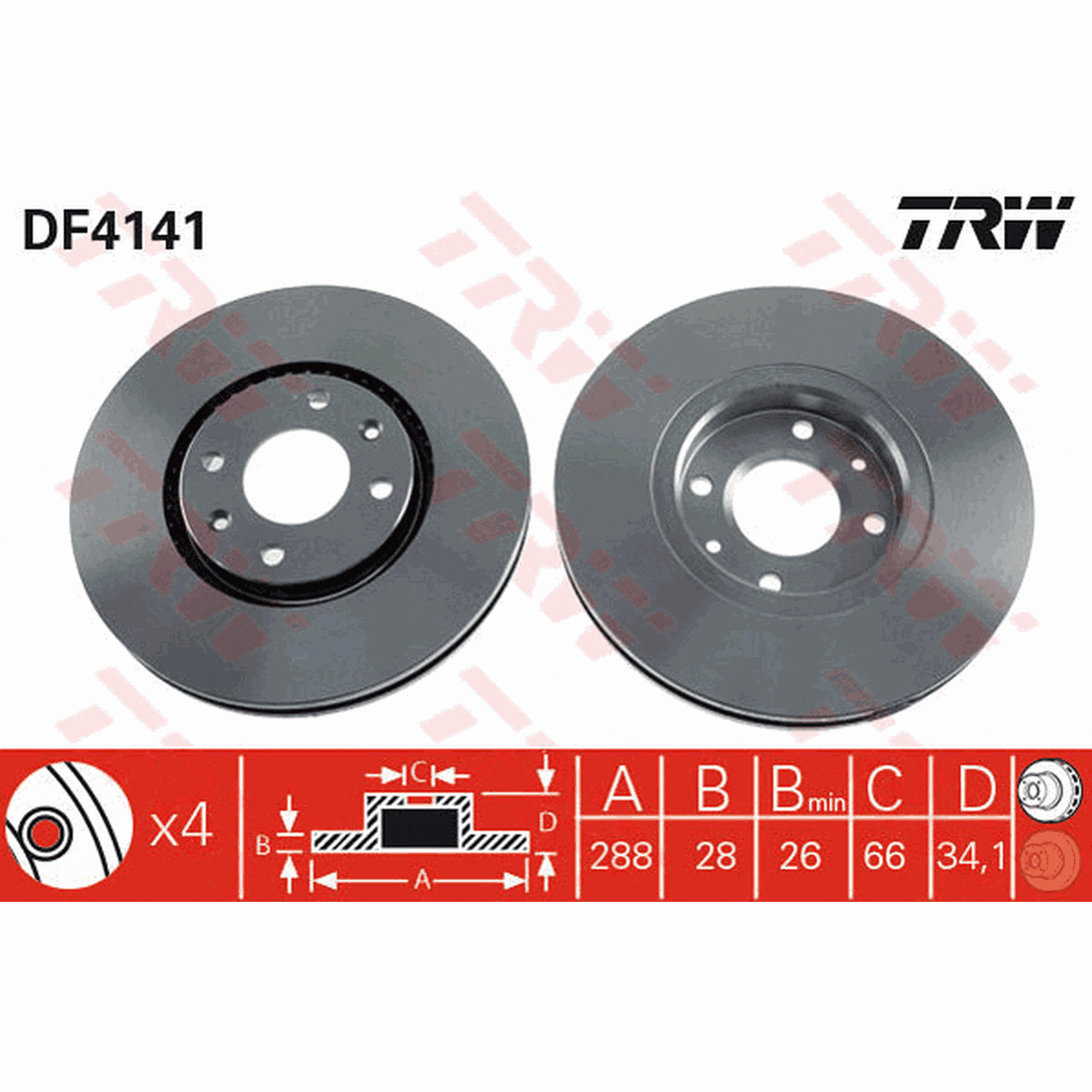 TRW Brake Rotor Pair 288mm Front DF4141S