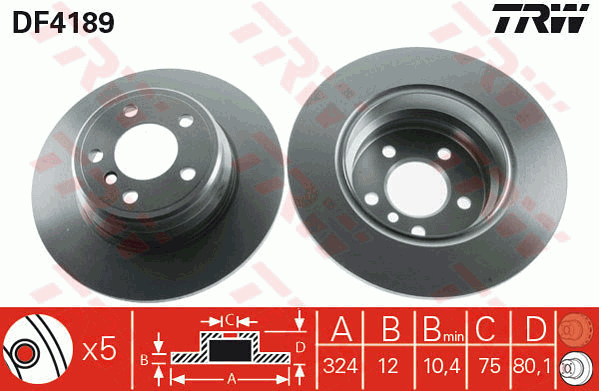 TRW Brake Rotor Pair 324mm Rear DF4189S