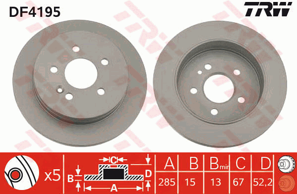 TRW Brake Rotor Pair 285mm Rear DF4195S