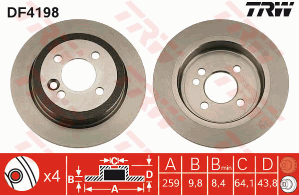 TRW Brake Rotor Pair 259mm Rear DF4198S