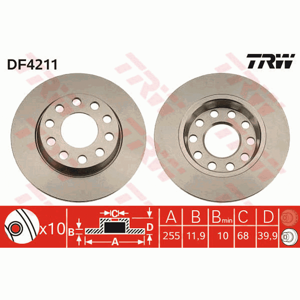 TRW Brake Rotor Pair 255mm Rear DF4211S