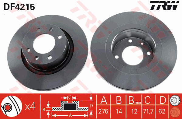TRW Brake Rotor Pair 276mm Rear DF4215S