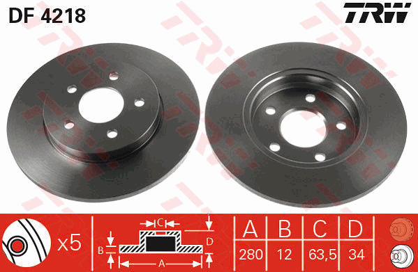 TRW Brake Rotor Pair 280mm Rear DF4218S