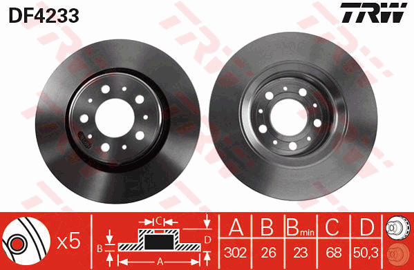 TRW Brake Rotor Pair 302mm Front DF4233S