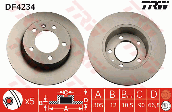 TRW Brake Rotor Pair 305mm Rear DF4234S