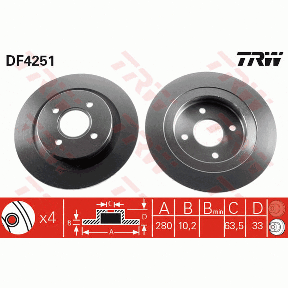 TRW Brake Rotor Pair 280mm Rear DF4251S
