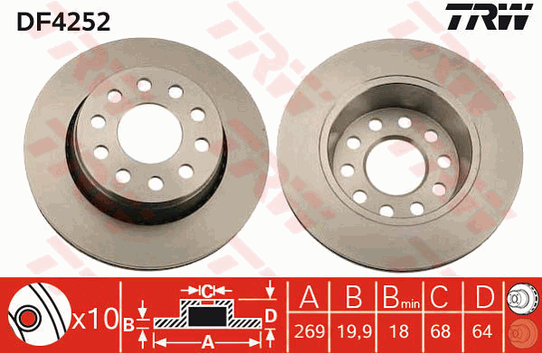 TRW Brake Rotor Pair 269mm Rear DF4252S