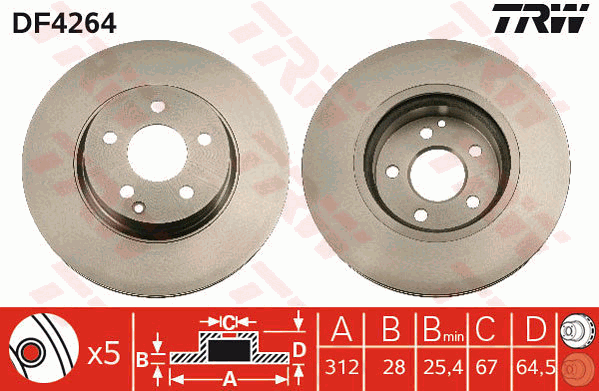 TRW Brake Rotor Pair 312mm Front DF4264S
