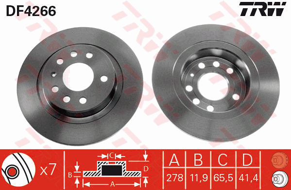 TRW Brake Rotor Pair 278mm Rear DF4266S