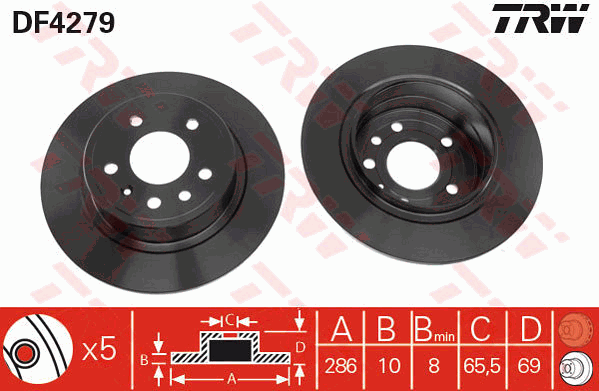 TRW Brake Rotor Pair 286mm Rear DF4279S
