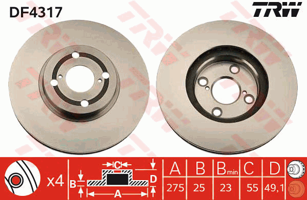 TRW Brake Rotor Pair 275mm Front DF4317S