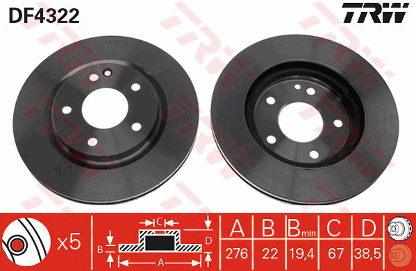 TRW Brake Rotor Pair 276mm Front DF4322S