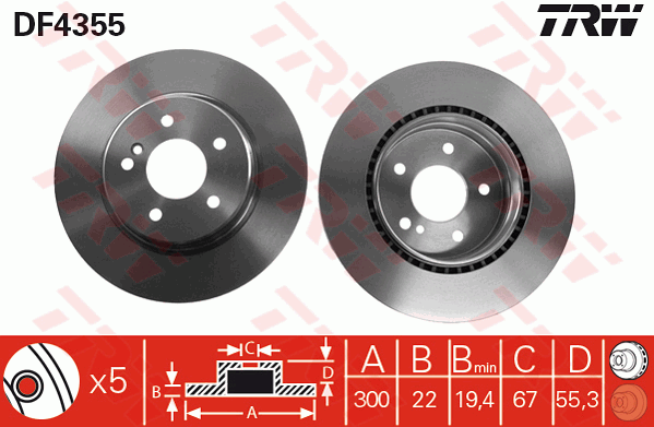 TRW Brake Rotor Pair 300mm Rear DF4355S