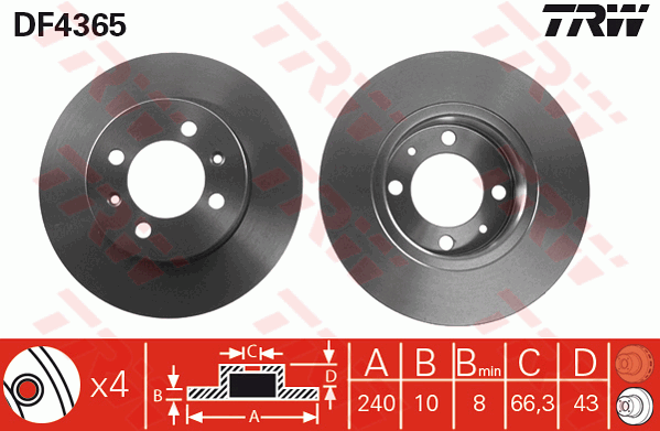 TRW Brake Rotor Pair 240mm Rear DF4365S