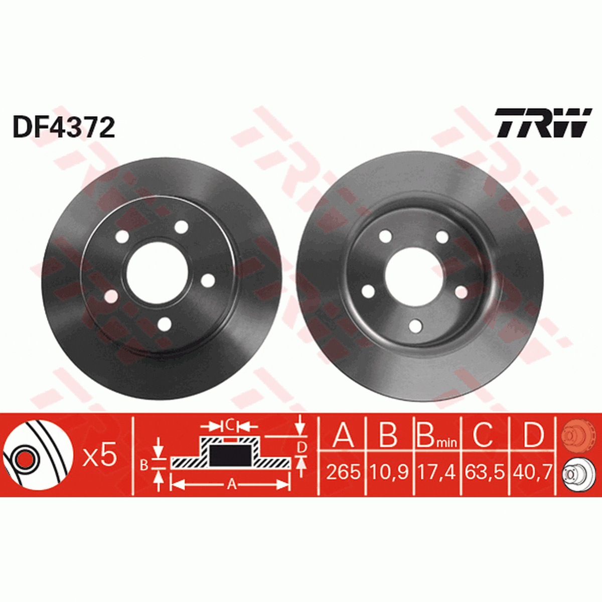 TRW Brake Rotor Pair 265mm Rear DF4372S