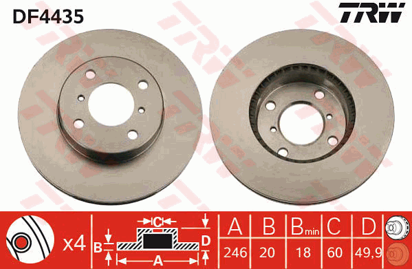 TRW Brake Rotor Pair 246mm Front DF4435S