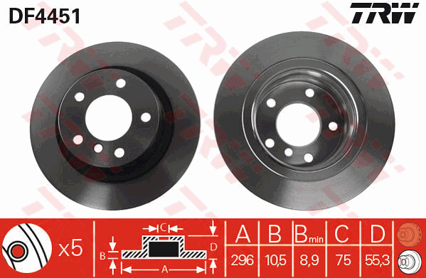 TRW Brake Rotor Pair Rear DF4451S