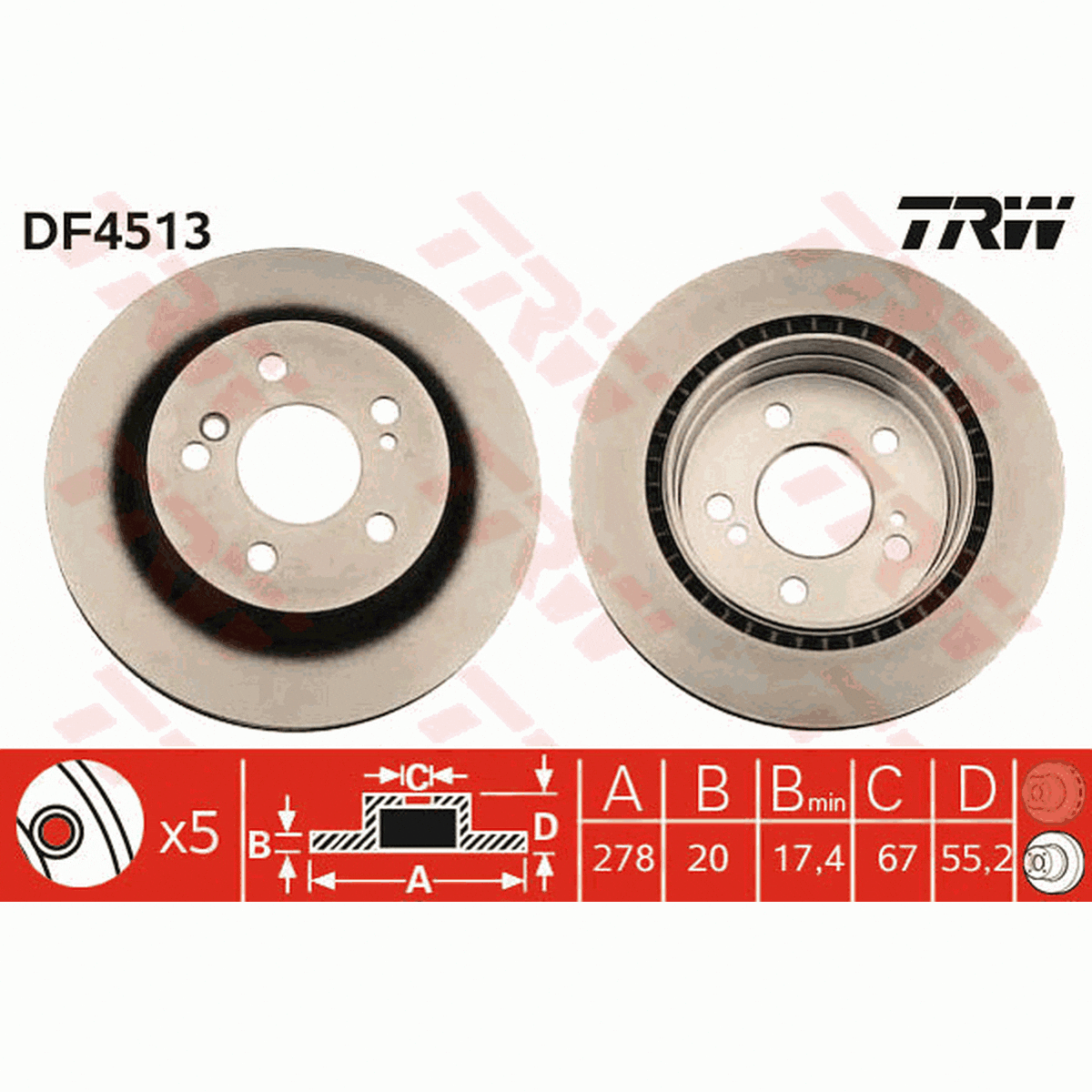 TRW Brake Rotor Pair Rear DF4513S
