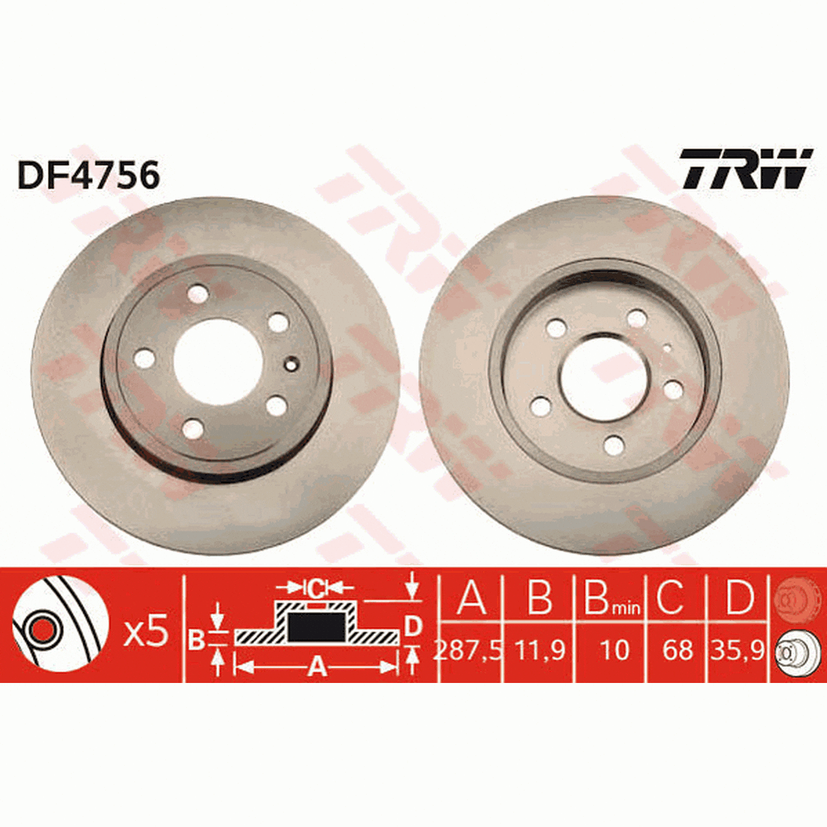 TRW Brake Rotor Pair Rear DF4756S