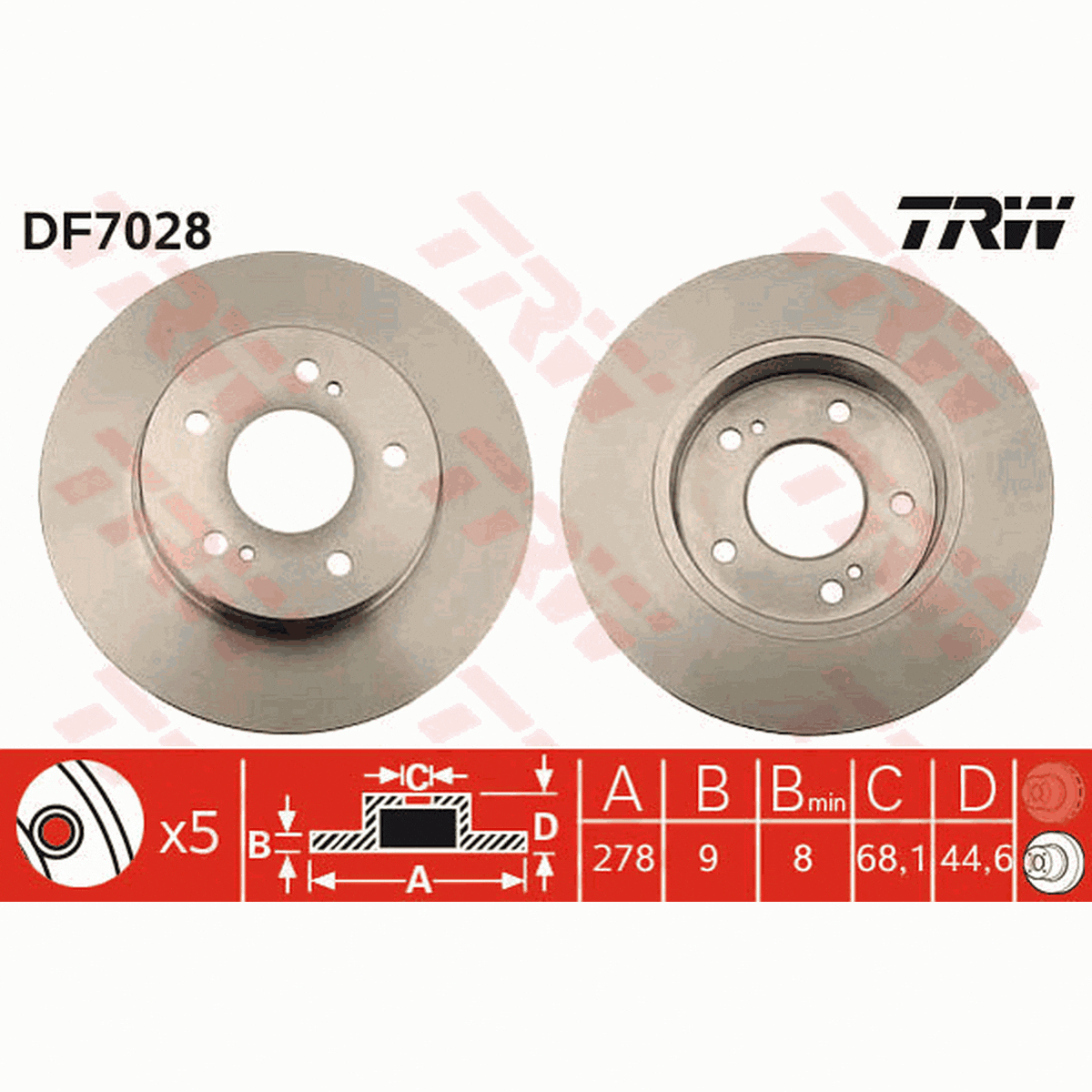 TRW Brake Rotor Pair 278mm Rear DF7028S