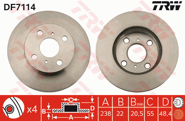 TRW Brake Rotor Pair 238mm Front DF7114S