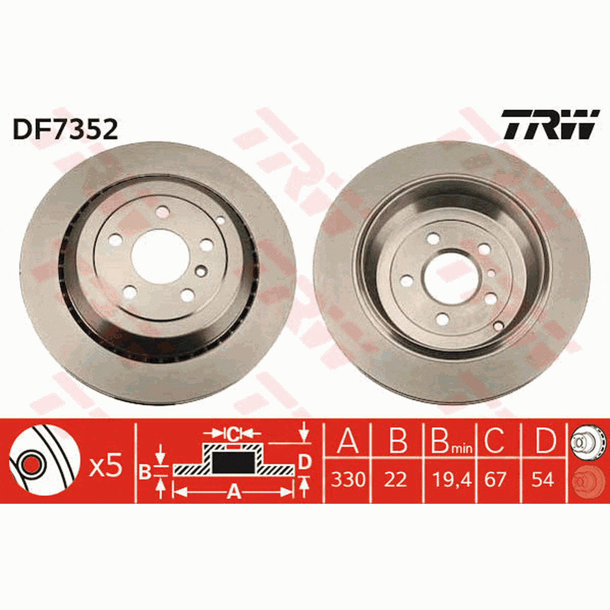 TRW Brake Rotor Pair 330mm Rear DF7352S