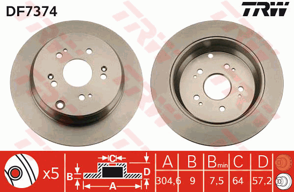 TRW Brake Rotor Pair 305mm Rear DF7374S