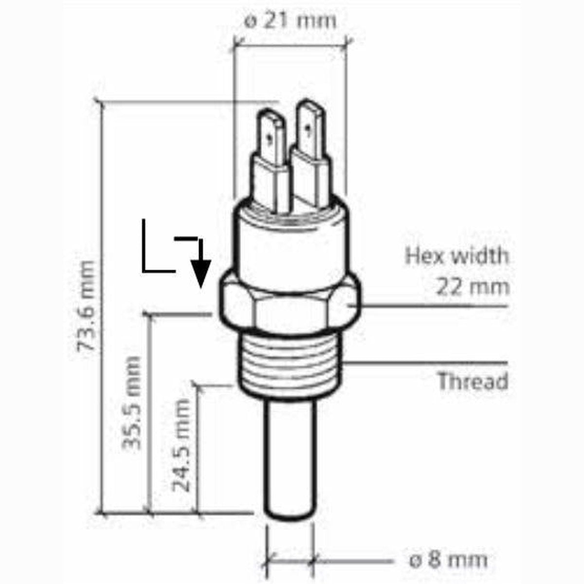 VDO Temperature Switch 96deg C 1/2in.-14NPTF Insulated Return 43.5mm Long X10232001006